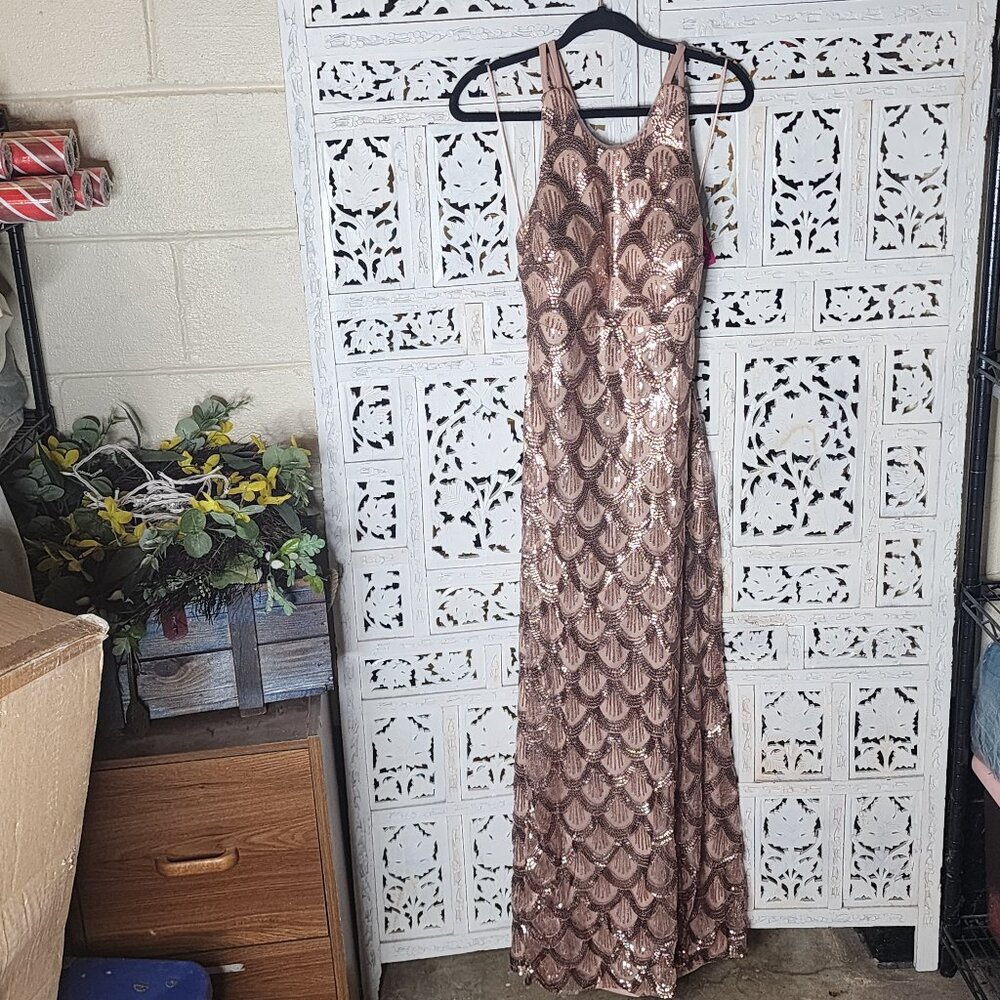 Morgan & Co Rose Gold Sequin Sleeveless Double Strap Full Length Formal Gown 7/8